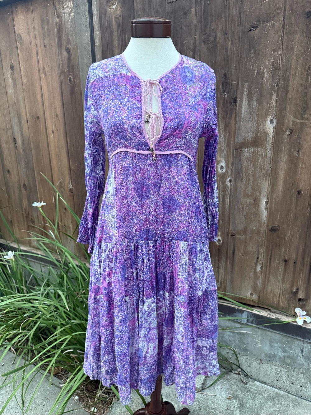 Purple Patchwork Tie-Neck Long Sleeve Midi Dress